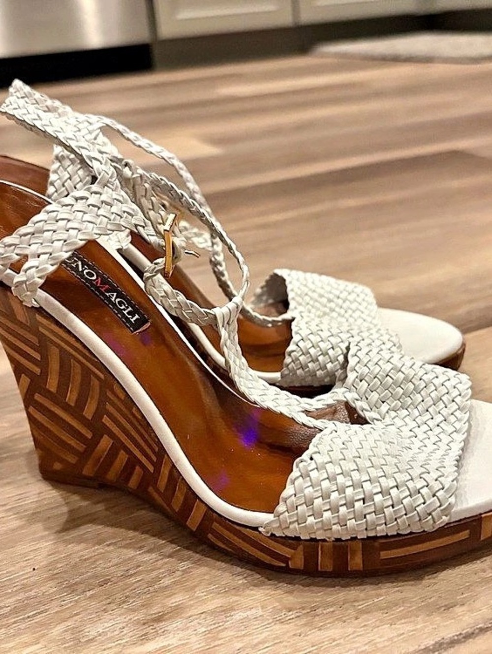Bruno Magli Woven Platform Wedges in White & Brown US 5.5